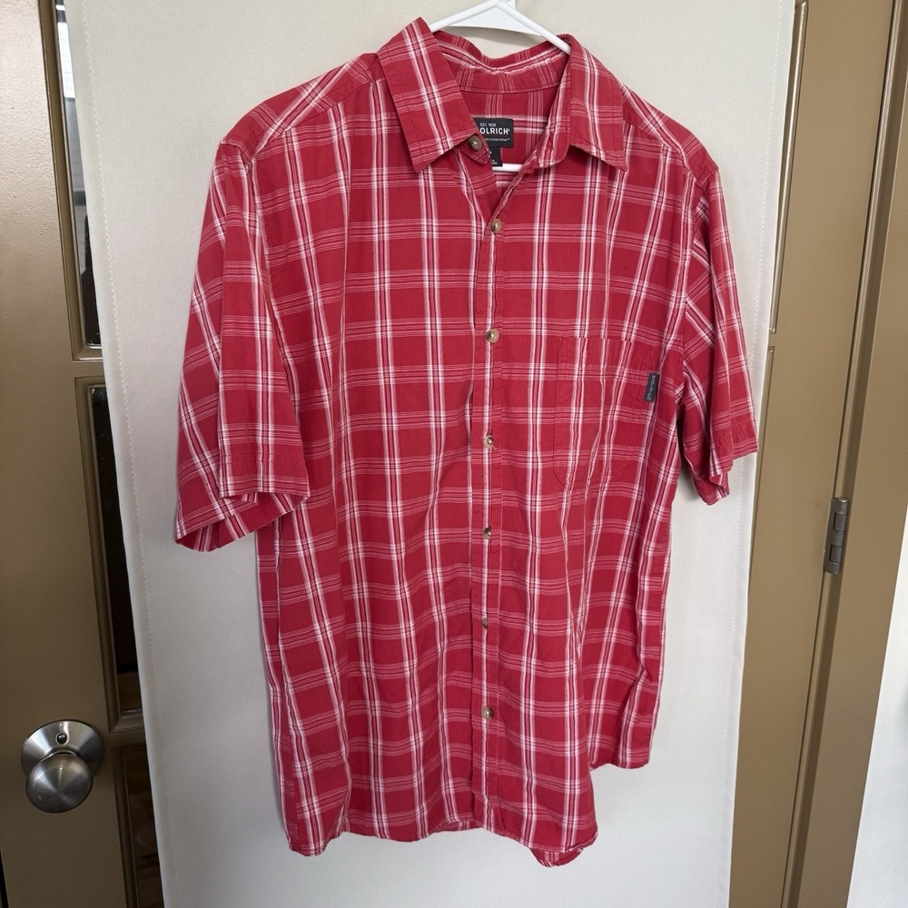 Woolrich Men's Medium Red White Plaid Short Sleeve Button Up Shirt Collar Top - Picture 2 of 7